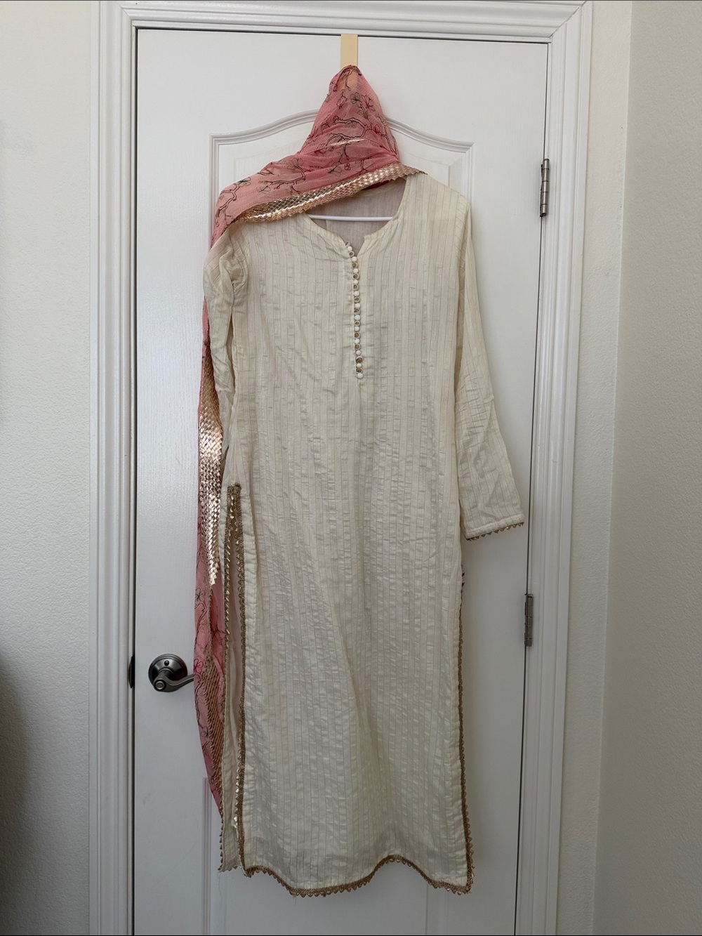 Women’s Cream Kurta Dress + Palazzo Pants with Pink Embellished Dupatta